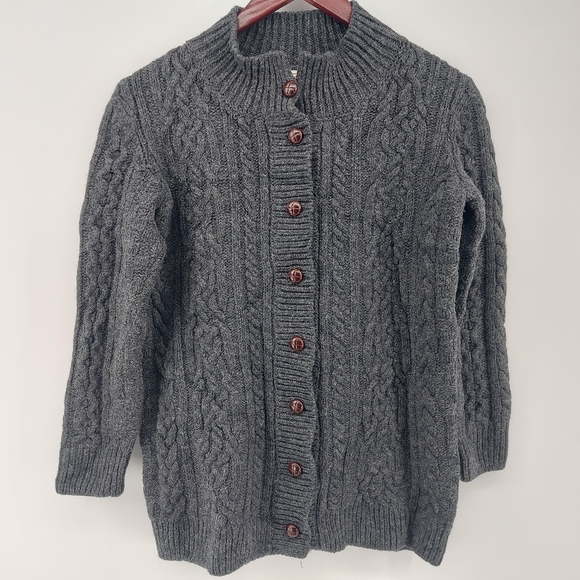 L.L. Bean Sweaters - LL Bean Womens Cardigan Gray Sz M Chunky Cable Knit 100% Wool Heavy